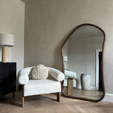 Extra Large Full Length Light Wood Irregular Mirror beside chair